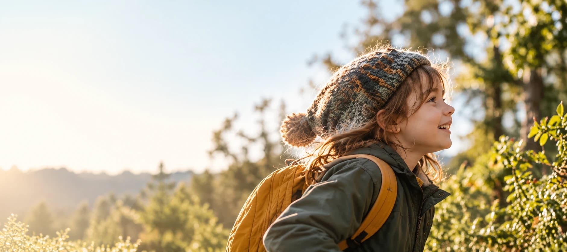 A smiling child in a knitted hat and backpack outdoors in the sunshine